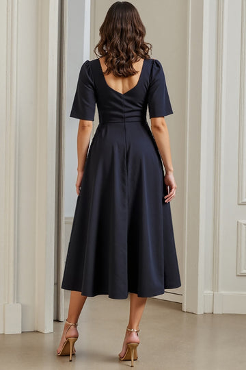 A Line Ruched Midi Navy Work Dress With Slit